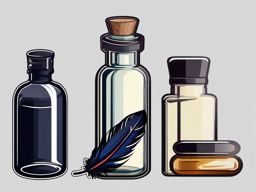 Feather and Ink Bottle Sticker - Quill feather next to an ink bottle, ,vector color sticker art,minimal