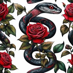 Snake with rose tattoo, Tattoos that blend the symbolism of snakes with the beauty of roses.  vivid colors, white background, tattoo design