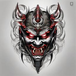 Demon Samurai Mask Tattoo-Creative and fierce tattoo featuring a demon samurai mask, capturing themes of strength and cultural aesthetics.  simple color tattoo,white background