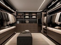 In the walk-in closet, High Tech interior design includes smart storage solutions, sleek lighting, and a modern layout that create a stylish and efficient dressing area.  