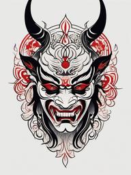 Kabuki Demon Tattoo - Tattoo featuring motifs inspired by Kabuki theater and Japanese demon imagery.  simple color tattoo,white background,minimal