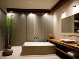 Japanese zen-inspired bathroom with bamboo accents and natural stones.  