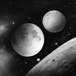 drawing of a moon and planets  minimal rough sketch scribbles,doodles,black and white