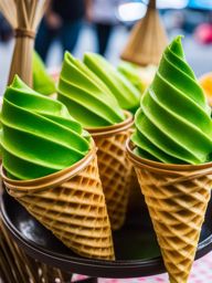 pandan waffle cones, fragrant green waffles, enjoyed at a vibrant night market in bangkok. 