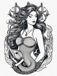 Mermaid with Anchor Tattoo - Combine maritime elements with the beauty of a mermaid in a tattoo featuring an anchor.  simple vector color tattoo,minimal,white background