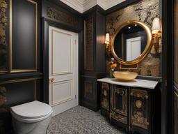 In the powder room, Russian Revival interior design includes luxurious fixtures, rich wallpaper, and ornate accents that transform a small space into a chic and stylish experience.  