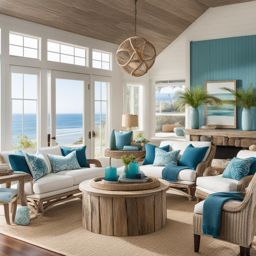 coastal-themed living room with driftwood decor and ocean-inspired colors. 