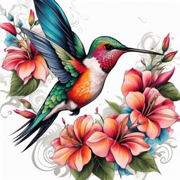 Hummingbird tattoo with flowers, Tattoos featuring hummingbirds alongside floral elements.  vivid colors, white background, tattoo design