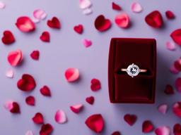 Valentine's Day background - Engagement ring inside a red velvet box surrounded by petals  aesthetic background wallpaper