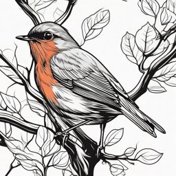 Robin Tattoo - Robin building a nest in a leafy tree  few color tattoo design, simple line art, design clean white background