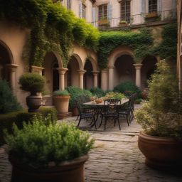 Old World European Courtyard - Capture the old-world elegance of a European courtyard garden. realistic, professional photography, bokeh, natural lighting, canon lens, shot on dslr 64 megapixels sharp focus