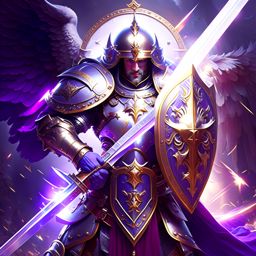pious paladin smiting evil with divine power, shield and sword in hand. 
