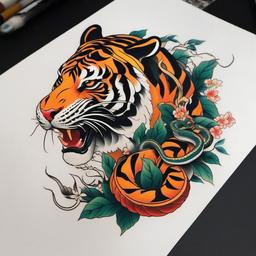 japanese tiger and snake tattoo  simple color tattoo,white background,minimal