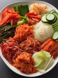 korean kimchi galore - a variety of kimchi, from the classic napa cabbage to radish and cucumber. 