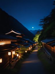 kiso valley - craft a serene night scene in the historic kiso valley, where lantern-lit post towns along the nakasendo trail evoke the spirit of ancient japan. 