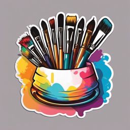 Palette with Paintbrushes Sticker - Palette surrounded by artistic paintbrushes, ,vector color sticker art,minimal