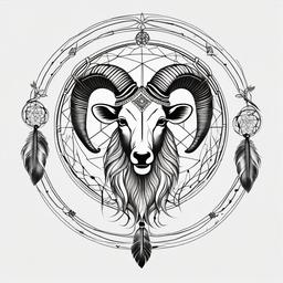 Aries Dream Catcher Tattoo - Tattoo combining a dream catcher with Aries zodiac symbols.  simple vector tattoo,minimalist,white background