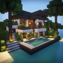 beachfront villa with a private dock and palm tree garden - minecraft house ideas minecraft block style