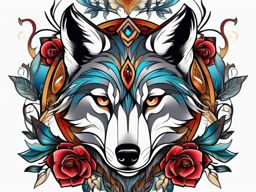 Neo Traditional Tattoo Wolf,modern twist on the traditional wolf, reflecting contemporary values in neo-traditional art. , color tattoo design, white clean background