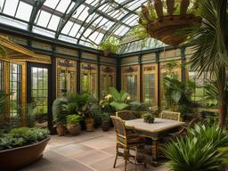 The greenhouse showcases Egyptian Revival interior design with ornate structures, vibrant plants, and decorative elements that create an elegant environment for gardening and plant care.  