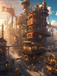 Mechanical steampunk cityscape with inventive contraptions. anime, wallpaper, background, anime key visual, japanese manga
