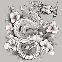 A traditional Chinese full body dragon with a long tail surrounded by 2 orchid flowers. A minimalistic one, with less details, with fine line, black and white. Very few details. Girly.
