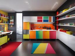 The garage features Pop Art interior design with organized tools, colorful storage solutions, and engaging decor that make the space both functional and visually appealing.  