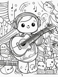 Kawaii Music Coloring Pages - Adorable Characters Playing Musical Instruments  minimal black outline printable sheet, coloring page