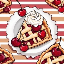 Cherry pie topped with whipped cream clipart.  vector style illustration, white background