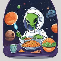 Alien eating space food clipart.  vector style illustration, white background