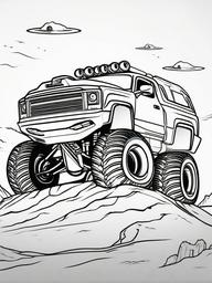 Monster Truck with Alien Design Coloring Pages - Extraterrestrial-Themed Trucks in Action  minimal black outline printable sheet, coloring page