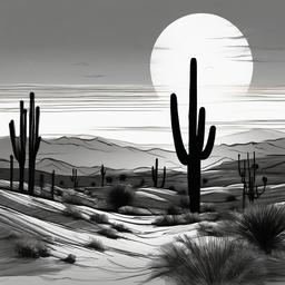 drawing of a sunset in the desert  minimal rough sketch scribbles,doodles,black and white