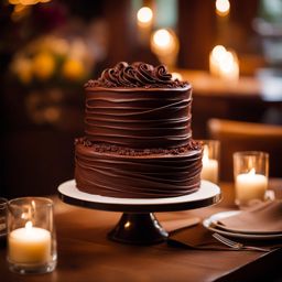 wedding chocolate cake in a cozy café: picture a rich chocolate wedding cake adorned with delicate chocolate curls, set against the warm ambiance of a rustic, candlelit café. 