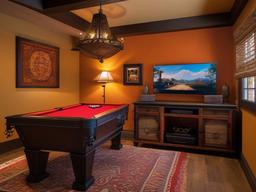 Spanish Revival gamer room incorporates warm colors, rustic furniture, and decorative accents for a vibrant and inviting gaming atmosphere.  