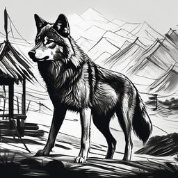 drawing of a wolf in tribal village  minimal rough sketch scribbles,doodles,black and white