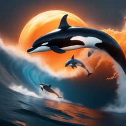 Stalking orcas and dolphins breaching in ocean explosions around, 8k resolution, fantasy concept art, dynamic lighting, hyper and intricately detailed, deep liquid effects color, Unreal engine, volumetric lighting, orange and white complementary colours