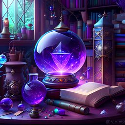 wizard's study with enchanted books and floating crystal orbs. 