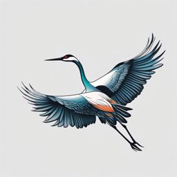 Playful and whimsical crane tattoo in flight.  color tattoo style, minimalist design, white background