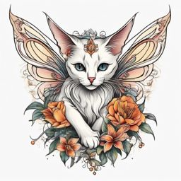 cat fairy tattoo  simple color tattoo style,white background