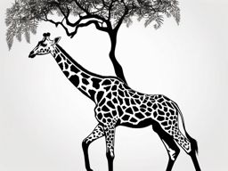 Giraffe Tattoo - Graceful giraffe stretching to reach leaves in a tall tree  few color tattoo design, simple line art, design clean white background