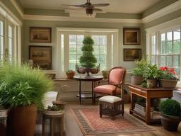 The garden room showcases American Colonial interior design with traditional planters, antique gardening tools, and classic decor that brings character and warmth to indoor gardening.  