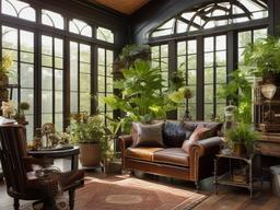 A sunroom with steampunk interior design highlights vintage furniture, industrial accents, and vibrant plants that create a bright and inviting space to enjoy the outdoors.  