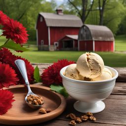 maple walnut praline ice cream enjoyed at a rustic farmhouse with a red barn. 