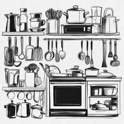 drawing of household things in the kitchen  minimal rough sketch scribbles,doodles,black and white