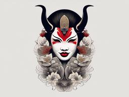 hannya mask and geisha tattoo  simple color tattoo,white background,minimal