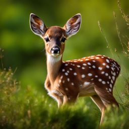 tiny baby deer, or fawn, with white spots on its coat. 