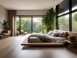 Organic Modern bedroom with a natural wood platform bed, neutral tones, and indoor plants offers a serene connection to nature.  