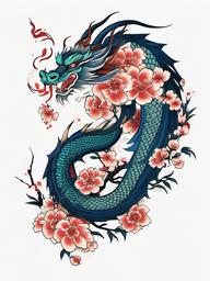 Japanese Dragon with Flowers Tattoo - Dragon with flowers in Japanese tattoo style.  simple color tattoo,white background,minimal