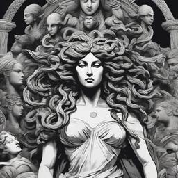 drawing of Medusa surrounded by petrified statues  minimal rough sketch scribbles,doodles,black and white