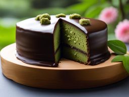 matcha green tea cake with matcha ganache, enjoyed at a serene japanese garden. 